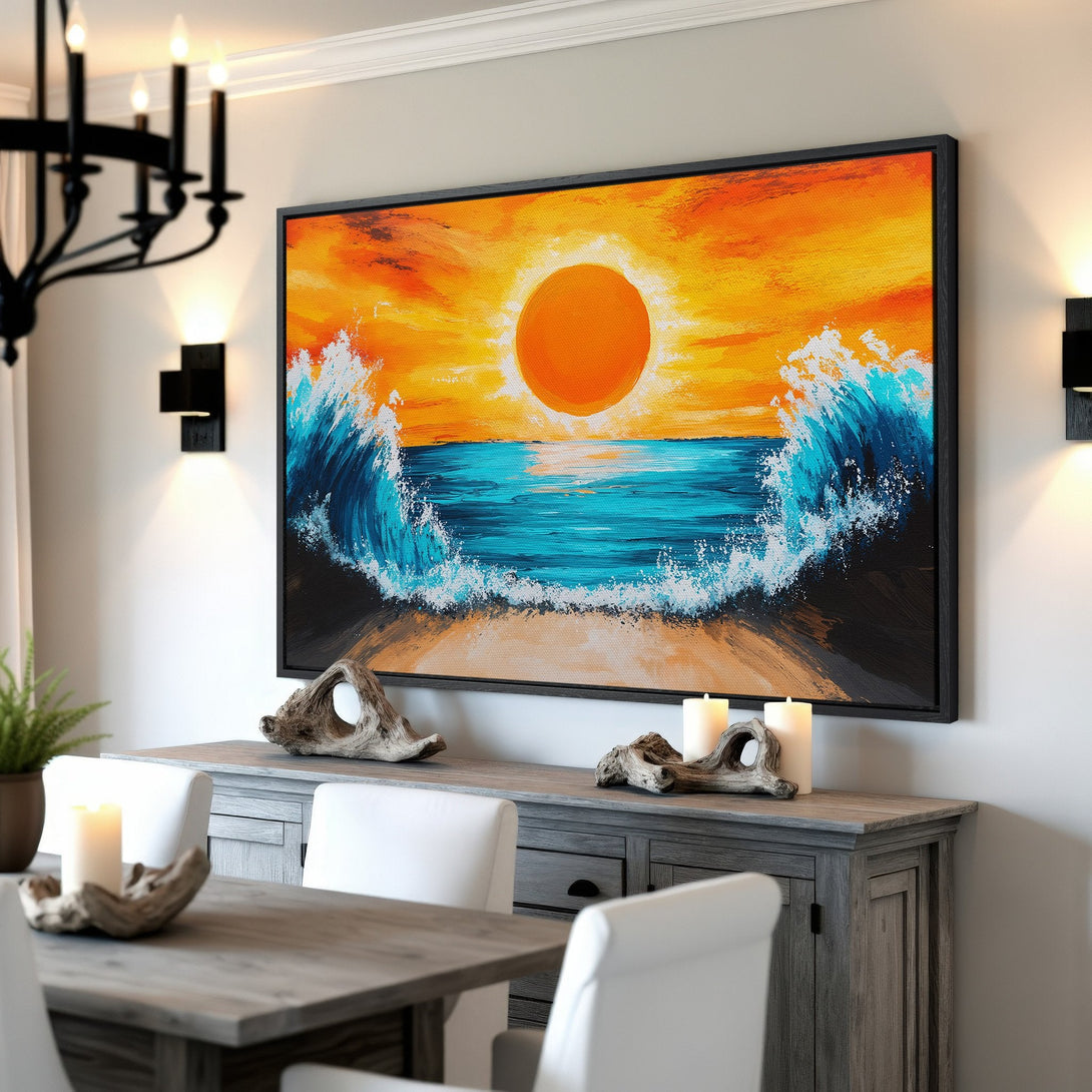 Framed Wall Art: Abstract ocean sunset canvas print in vibrant orange, blue, and white. Perfect coastal decor for your dining room or living space.