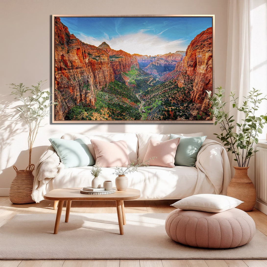 Framed Wall Art of a stunning canyon landscape in warm reds, greens, and blues. Elevate your home decor with this beautiful canvas print!