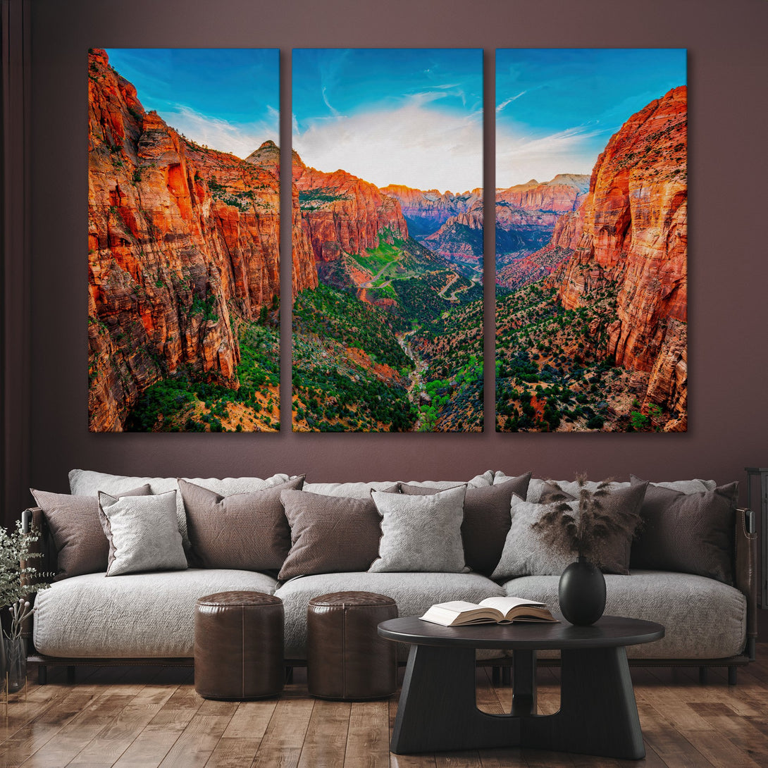 Canvas Print of a vibrant canyon landscape in warm earth tones and blue sky, perfect wall art for any room.