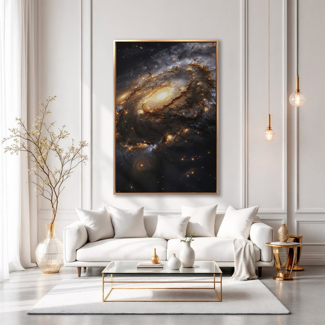 Framed Wall Art: Stunning galaxy canvas print in a modern living room. Featuring a dark, cosmic scene with gold and white accents. Elevate your space!