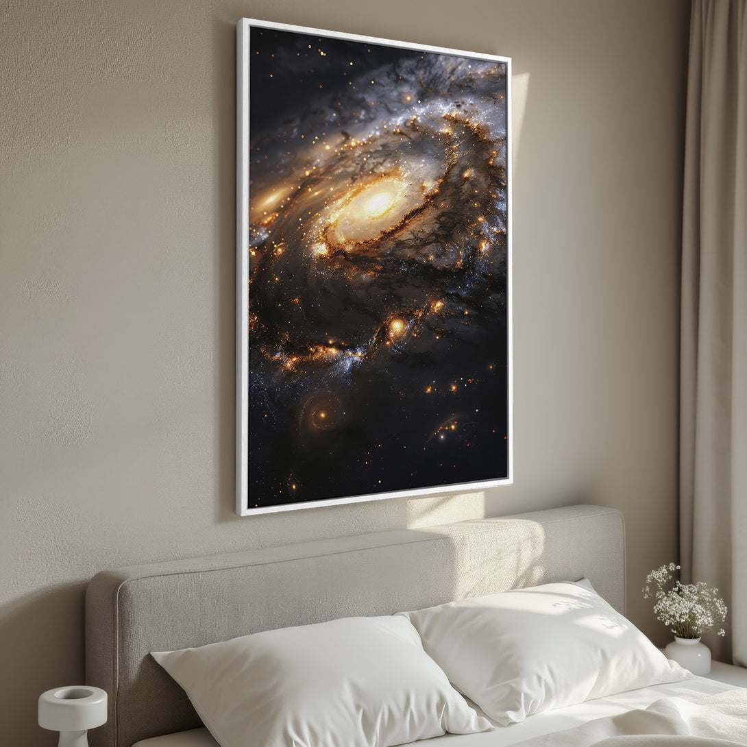Framed Wall Art featuring a stunning galaxy image. Dark, dramatic space art with warm gold and black tones, perfect for bedroom decor.