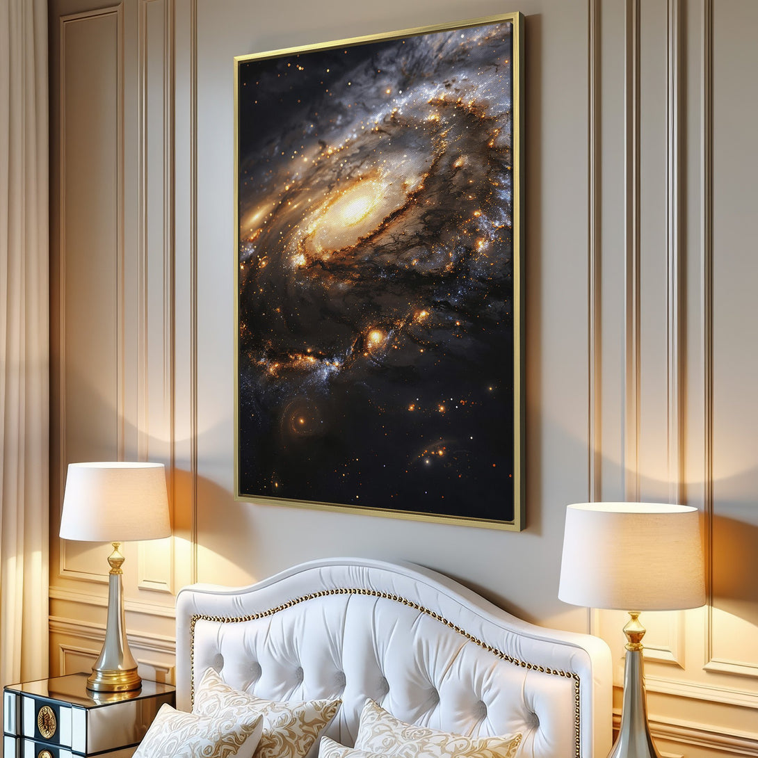 Canvas Print of a galaxy in warm tones. Modern wall art with a celestial design, perfect for any space.