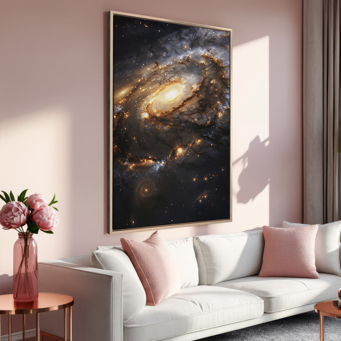 Framed Wall Art: Stunning galaxy Canvas Print in warm tones. Perfect for living room decor, this celestial artwork adds a touch of cosmic beauty to any space.
