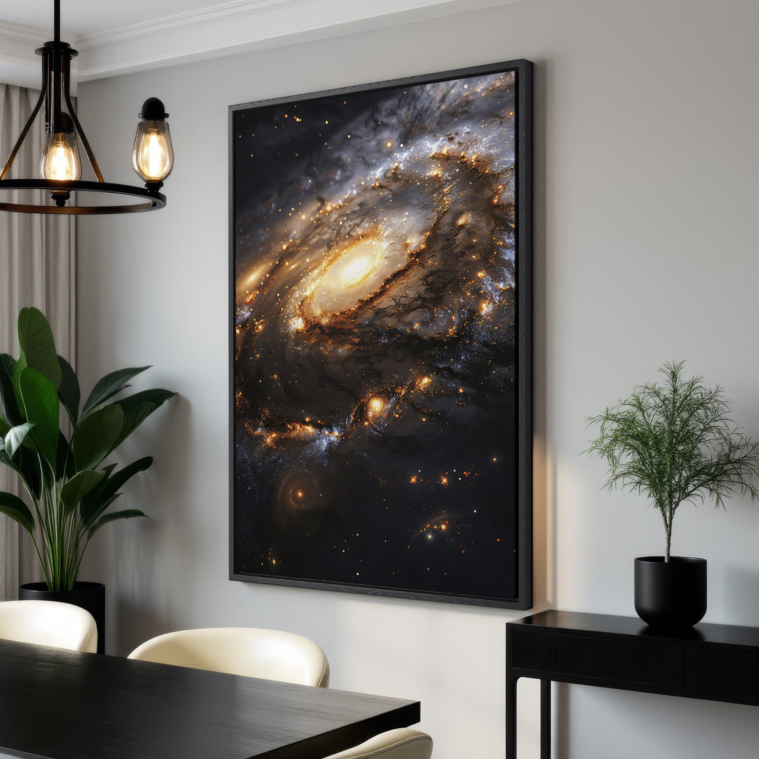 Framed Wall Art of a galaxy in warm gold and dark tones. Stunning cosmic art for modern home decor. Canvas Print ready to hang!