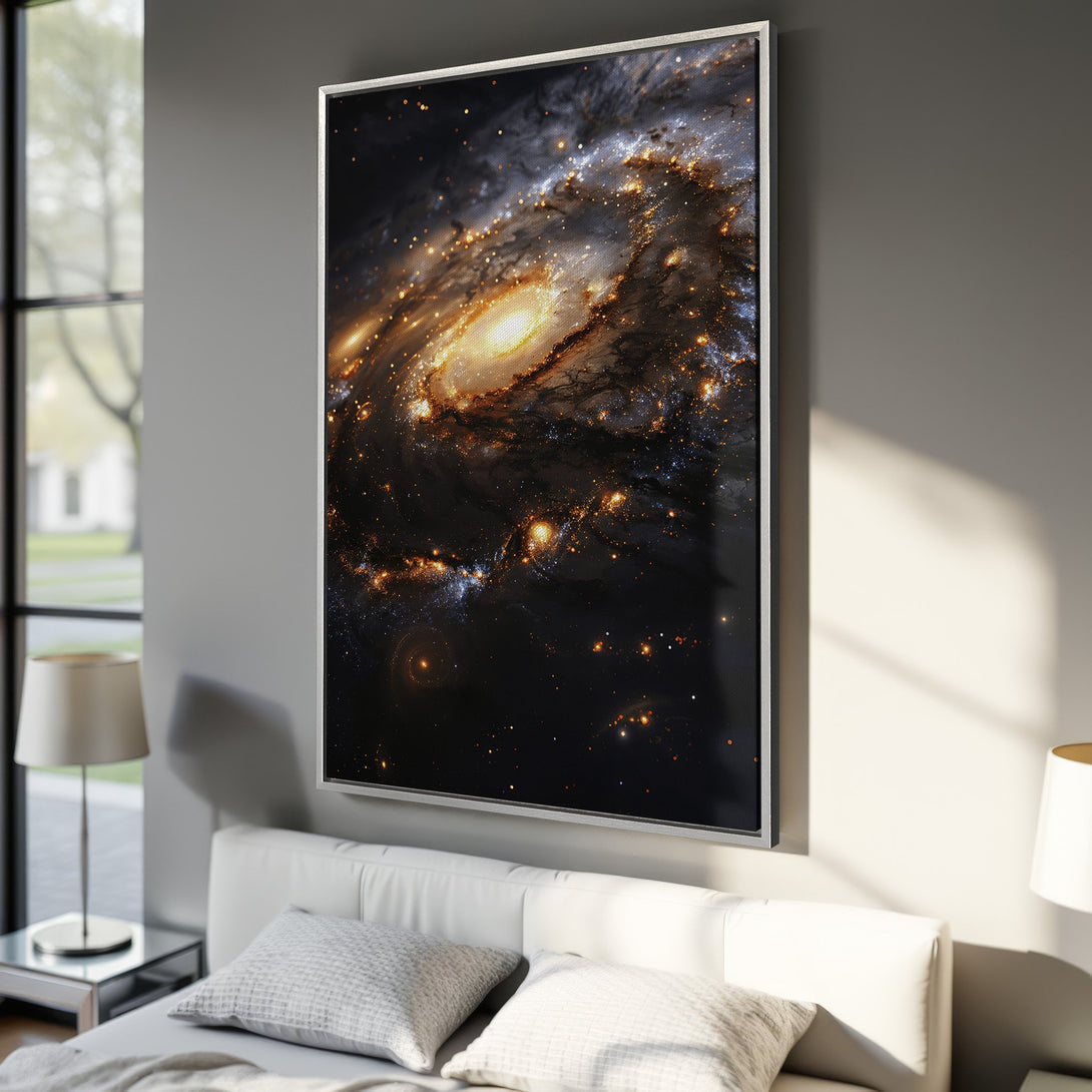 Framed Wall Art: Stunning galaxy Canvas Print in a bedroom. Features a dark, cosmic scene with warm gold and orange hues. Perfect for modern decor.