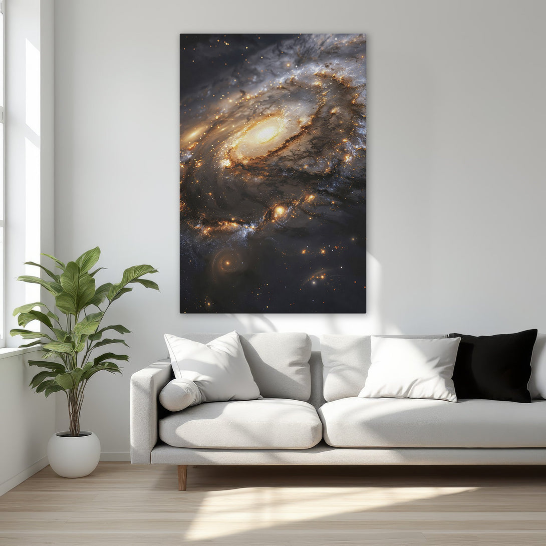 Framed Wall Art of a galaxy in a bedroom. This Canvas Print features a stunning cosmic scene with gold, black, and white hues, perfect for modern decor.