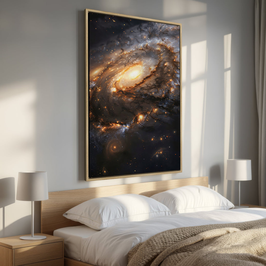 Framed Wall Art: Stunning galaxy canvas print in a bedroom. Dark, moody artwork with gold and black tones. Elevate your space with this celestial masterpiece.