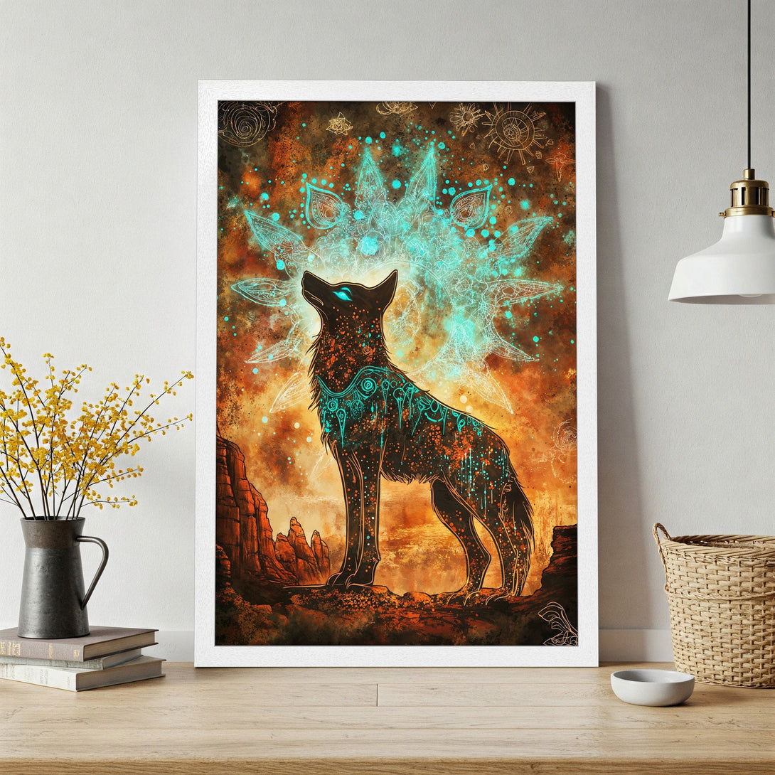 Framed Poster featuring a mystical wolf illustration in a vibrant teal and orange color palette. Perfect wall art!