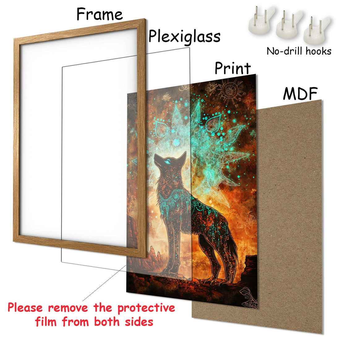 Framed Poster featuring a mystical wolf, vibrant teal & orange palette, perfect wall art for your home.