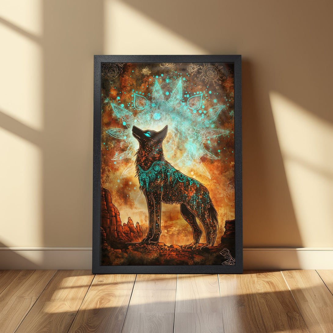 Framed Poster featuring a mystical wolf in a vibrant, artistic style. Earthy tones with teal accents. Perfect wall art for any space.