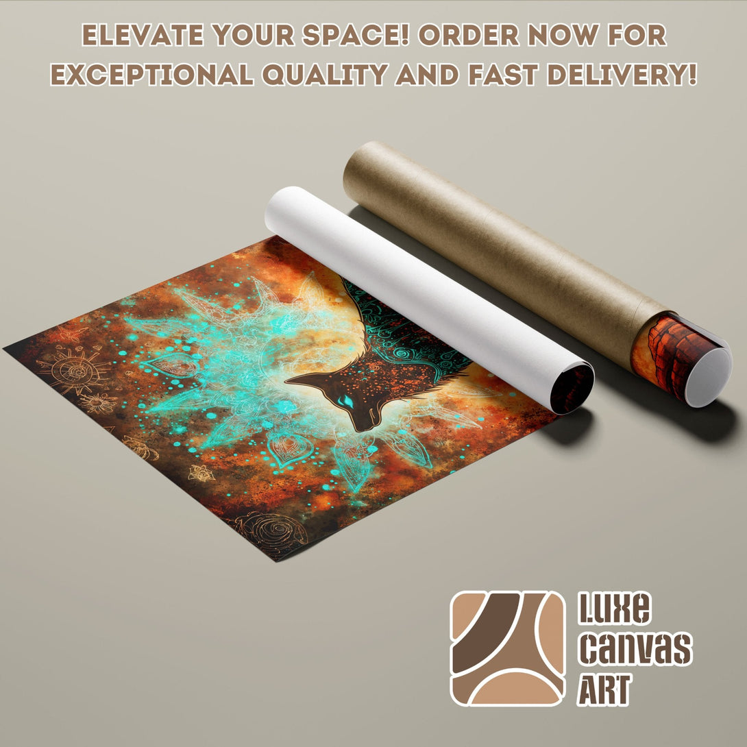 Poster Roll featuring a mystical wolf design in a warm, earthy color palette with teal accents. Perfect for adding art to your space!