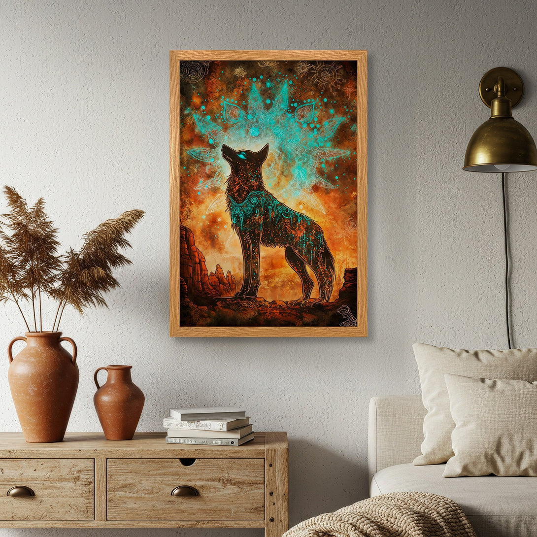 Framed Poster featuring a wolf in a spiritual style with a teal and orange color palette. Perfect wall art for your home!