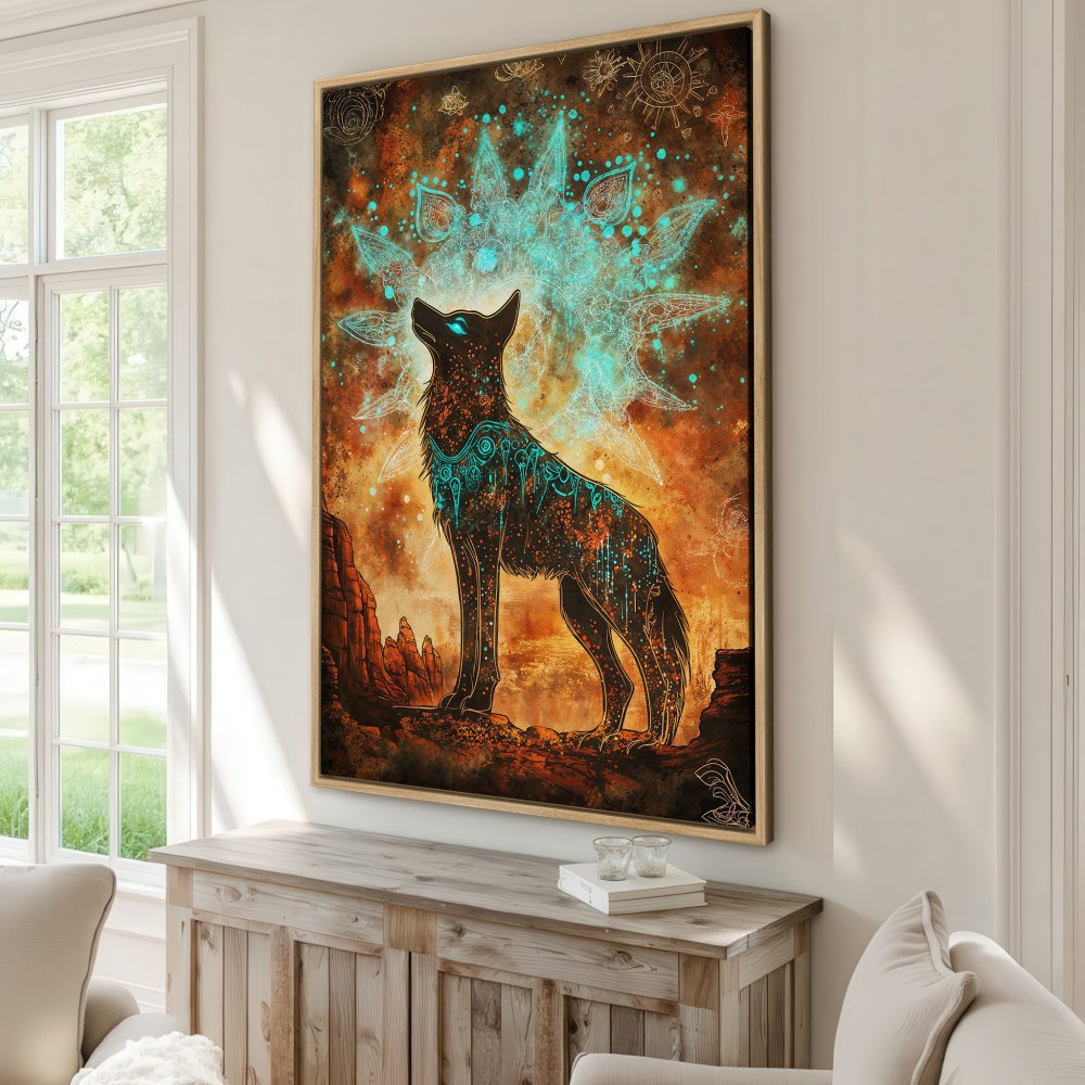 Framed Wall Art: Mystical wolf art print in warm orange & teal tones. Perfect for adding a touch of boho style to your home decor.