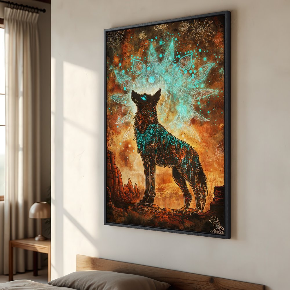 Framed Wall Art: Mystical wolf art print with teal accents on a warm orange and brown background. Perfect for adding a touch of magic to your home!