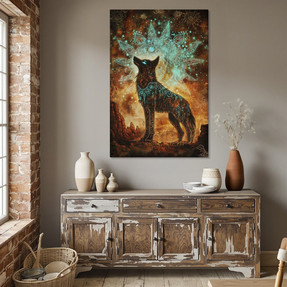 Framed Wall Art: Mystical wolf art in warm orange & teal tones. Stunning canvas print adds a unique touch to any space. Shop now!