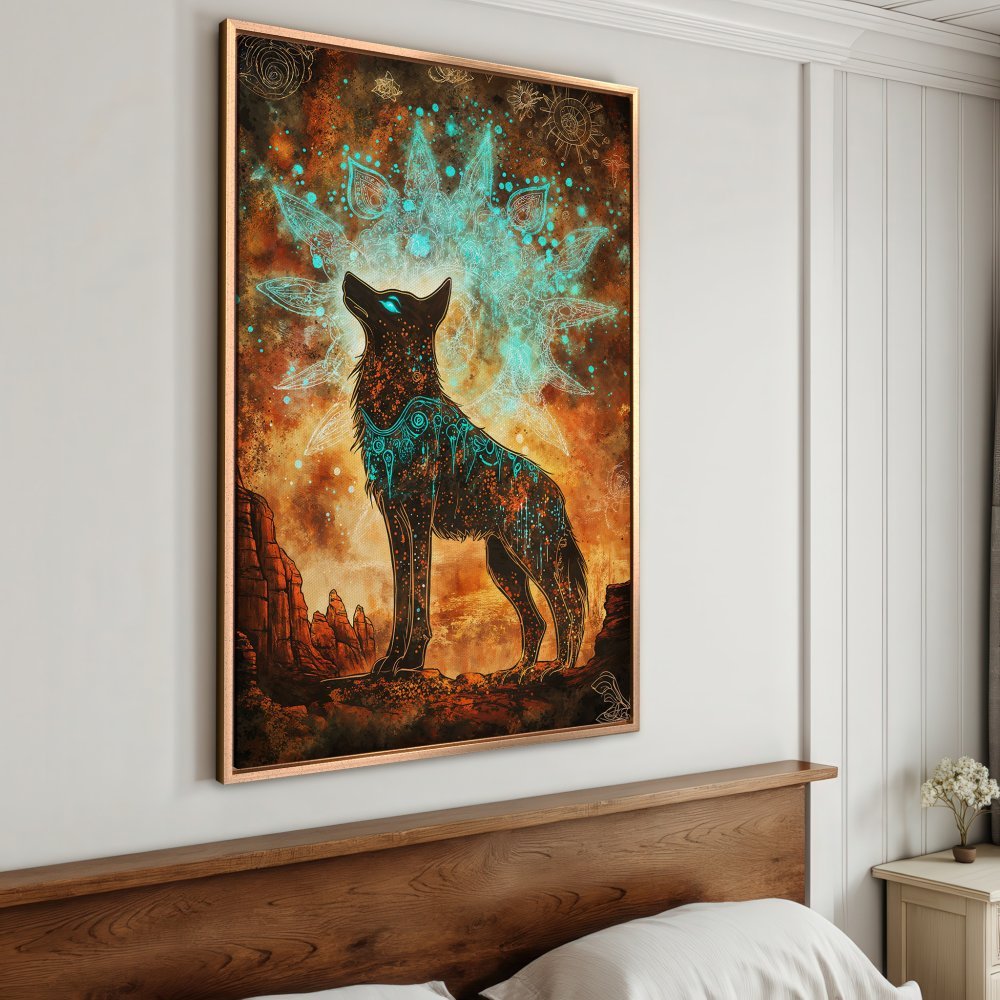 Framed Wall Art: Mystical wolf canvas print with turquoise accents on a warm orange and brown background. Unique wall decor for any space.