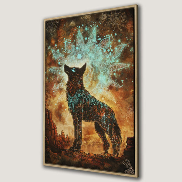 Framed Wall Art: Mystical wolf art print with vibrant teal and orange hues. Stunning canvas print for bohemian home decor.