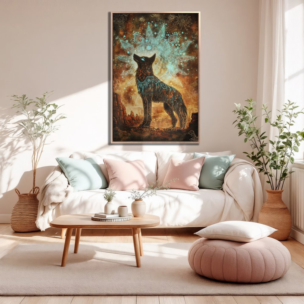 Framed Wall Art: Mystical wolf canvas print in warm earth tones with teal accents. Perfect for bohemian home decor.