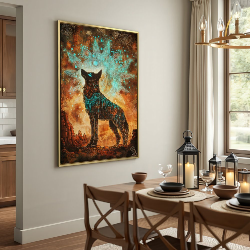 Canvas Print featuring a mystical wolf in a desert landscape. Earthy tones with teal accents. Perfect wall art for any home.