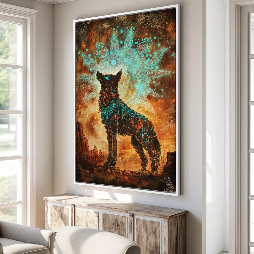 Framed Wall Art: Mystical wolf art print with teal and orange color palette. Stunning canvas art for your home decor.