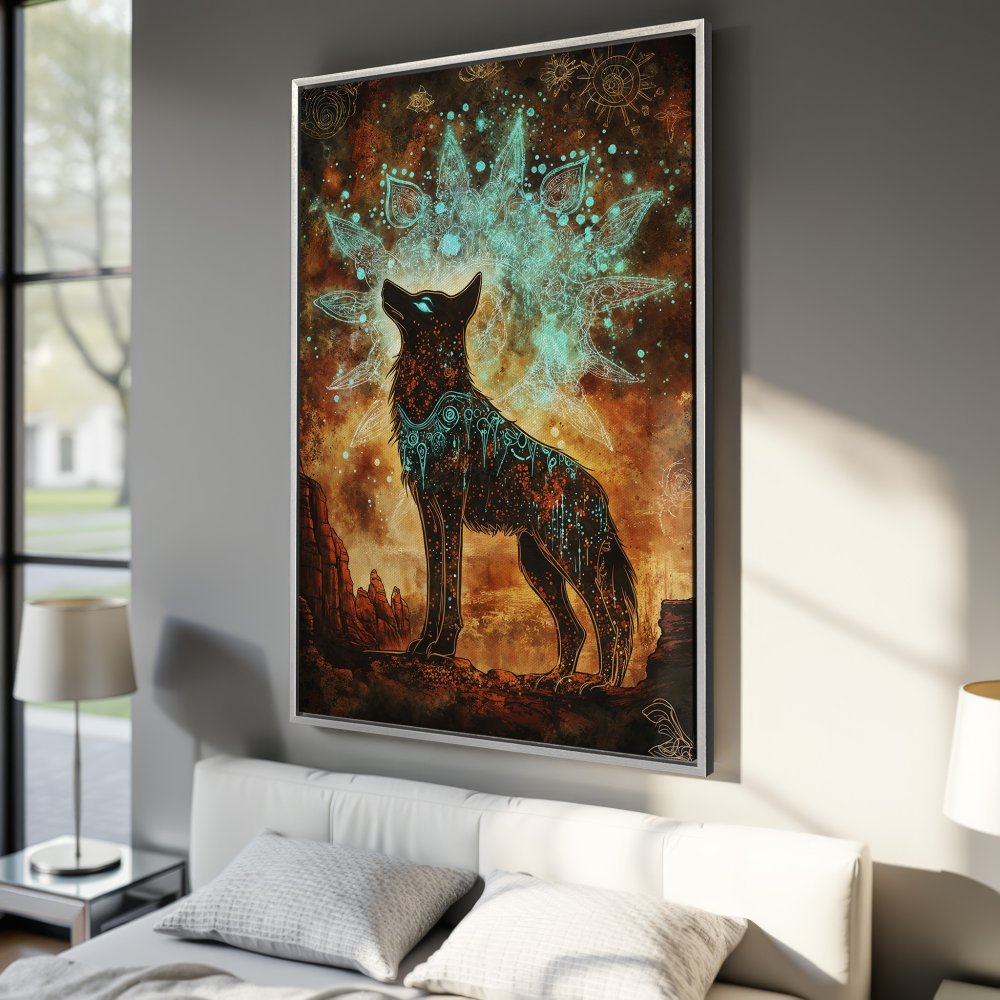 Framed Wall Art: Mystical wolf canvas print with teal and brown color palette. Perfect for boho or spiritual home decor.