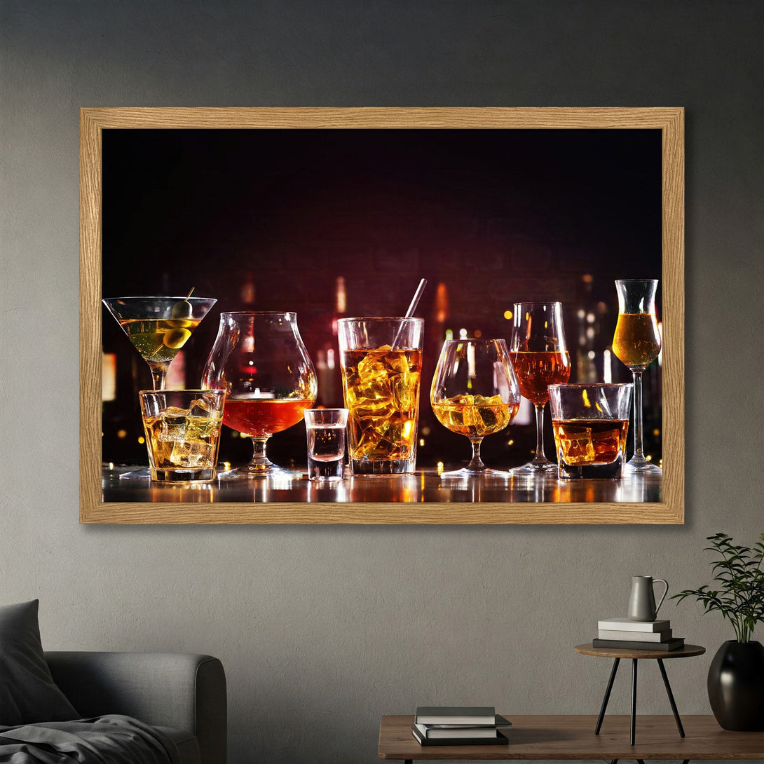 Framed Poster featuring a stylish bar scene with various cocktails, warm color palette. Perfect for home decor!