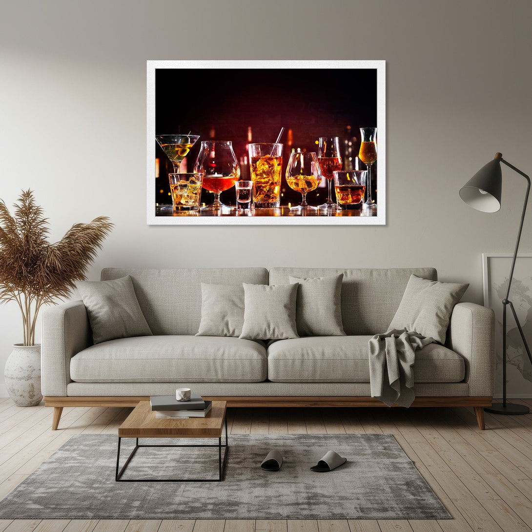 Framed Poster featuring a vibrant collection of cocktails. Modern style, warm color palette with amber and gold tones. Perfect bar decor!