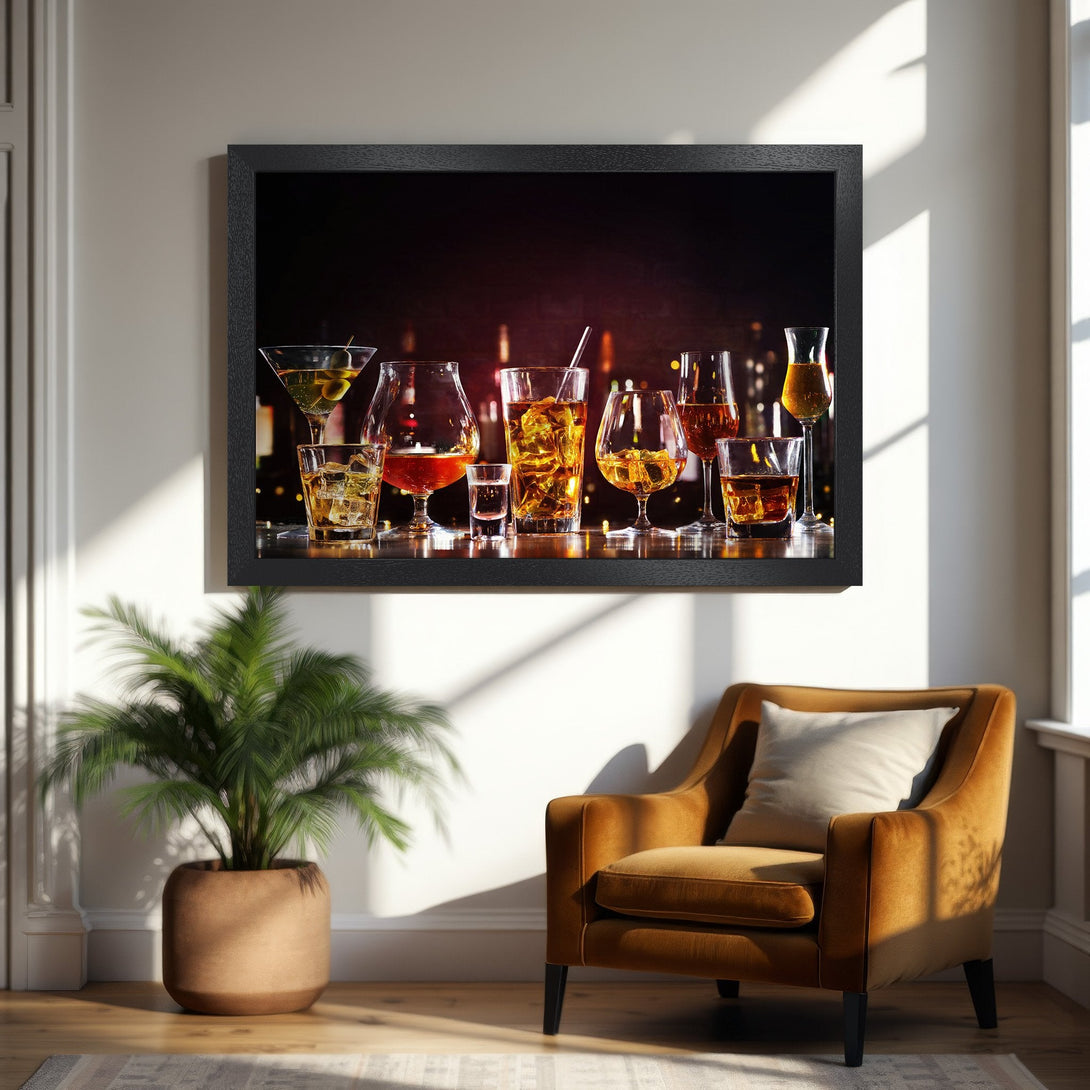 Framed Poster featuring a vibrant bar scene with cocktails, in warm amber and brown tones, perfect for home decor.