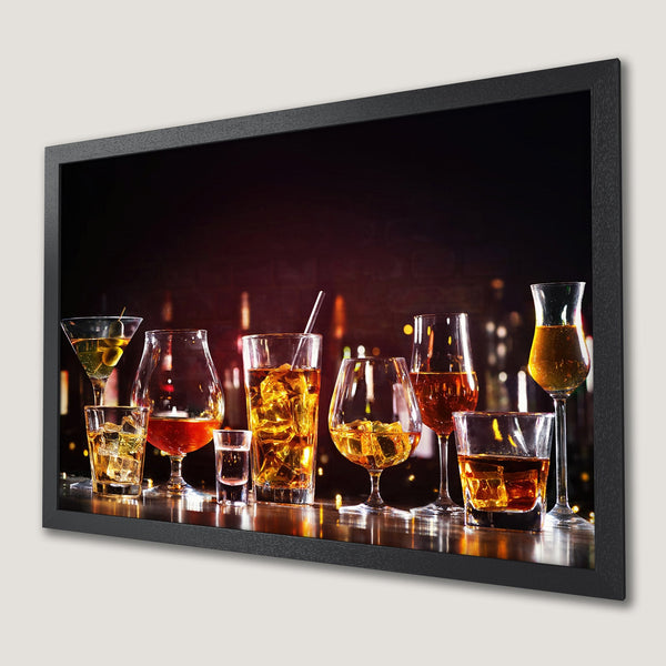 Framed Poster featuring various cocktails in warm, amber tones. Perfect bar decor!