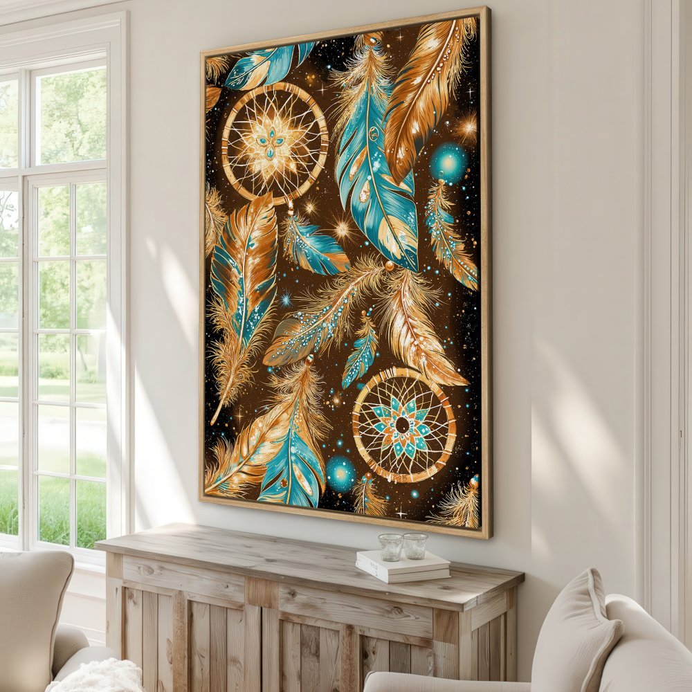 Framed Wall Art: Dreamcatcher Canvas Print in boho style. Features feathers in teal, gold, and brown. Perfect for adding a touch of bohemian flair to your home.