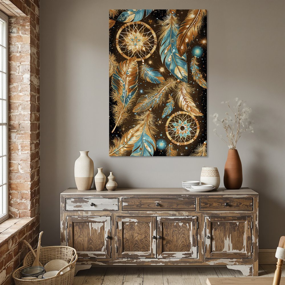 Framed Wall Art featuring dreamcatchers and feathers in teal, gold, and brown. Add bohemian flair to your home!