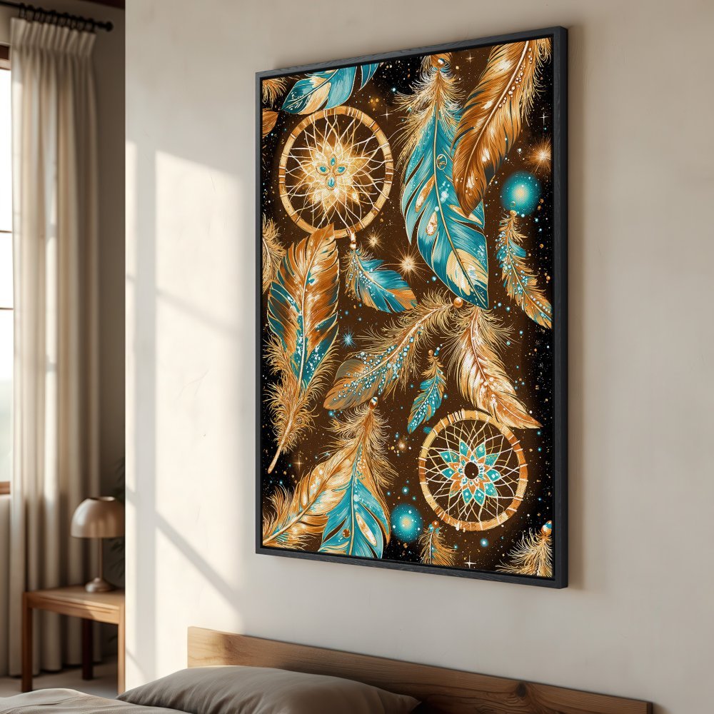 Framed Wall Art: Dreamcatcher Canvas Print with feathers in teal, gold & brown. Boho style art for bedroom decor.