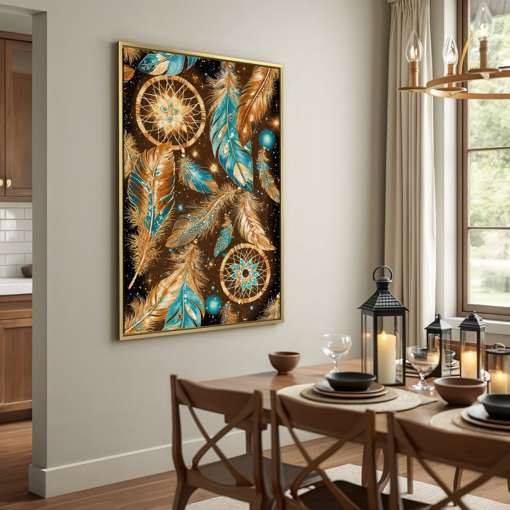 Canvas Print featuring a dreamcatcher and feather design in brown, teal, and gold. Boho wall art for your home!