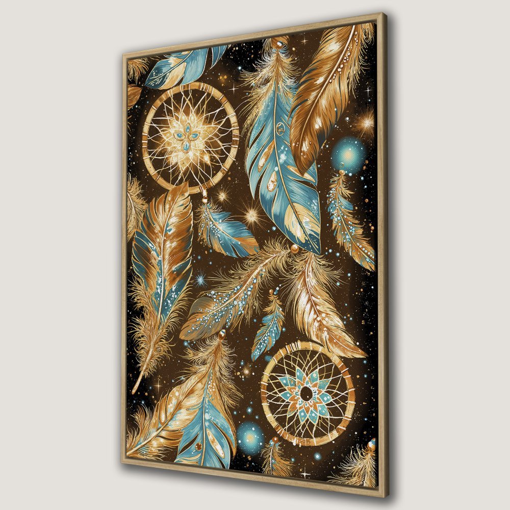 Framed Wall Art featuring dreamcatchers and feathers in a bohemian style, with a warm brown, teal, and gold color palette. Perfect for adding a touch of artistry!