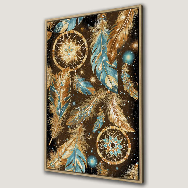 Framed Wall Art featuring dreamcatchers and feathers in a bohemian style, with a warm brown, teal, and gold color palette. Perfect for adding a touch of artistry!