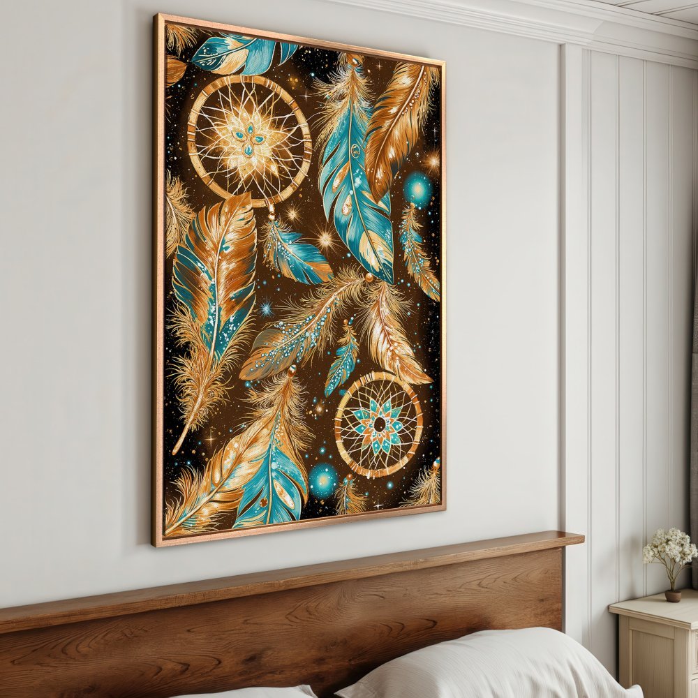Framed Wall Art: Dreamcatcher and feather design in teal, gold, and brown. Boho style Canvas Print adds a touch of magic to any room.