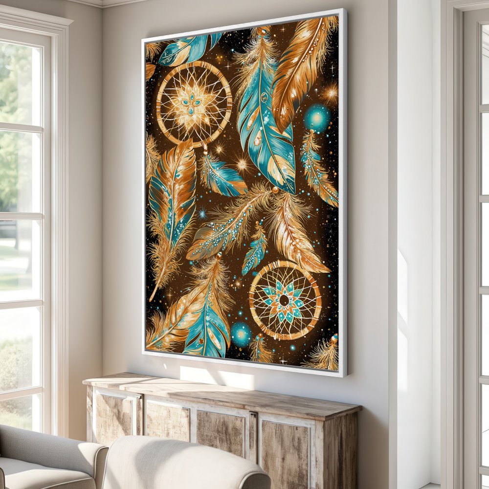 Framed Wall Art: Dreamcatcher & feather design in teal & gold. Boho style Canvas Print adds warmth & style to any space.