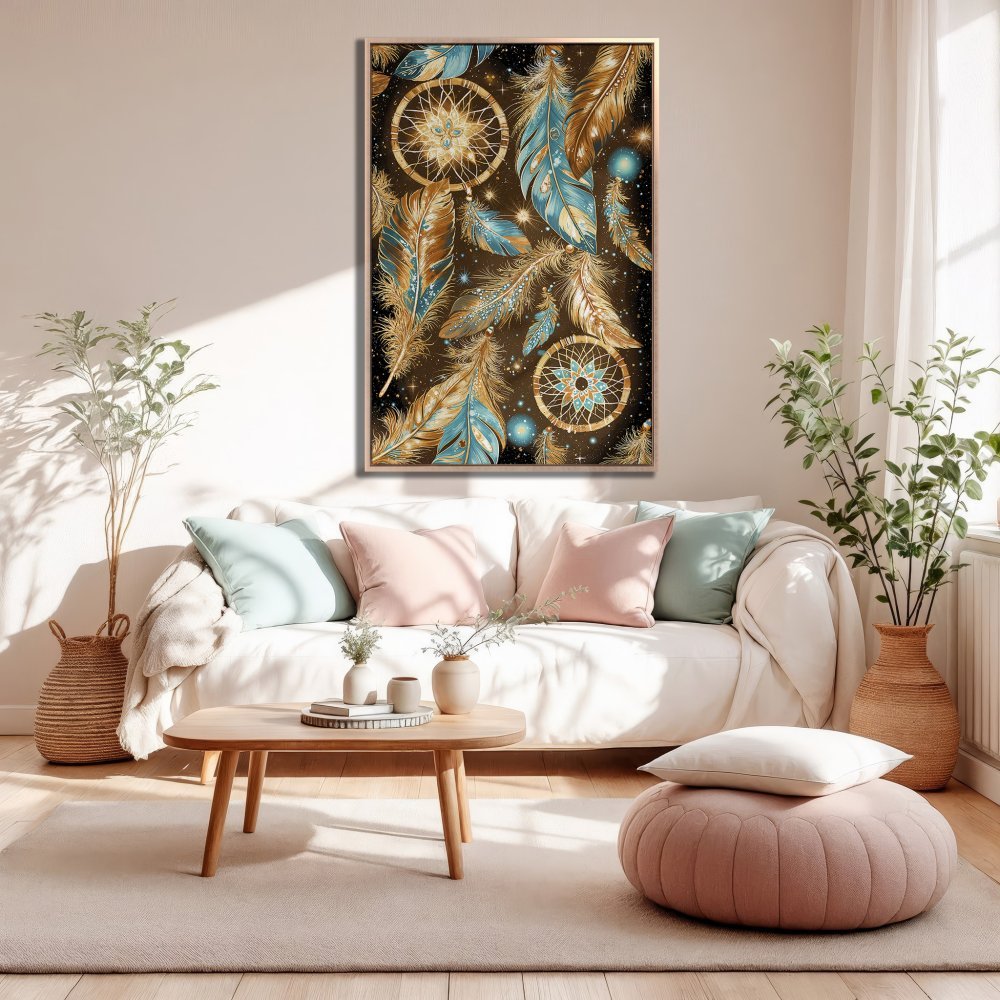 Framed Wall Art: Dreamcatcher Canvas Print with feathers in teal, gold, and brown. Boho style wall decor for living room.