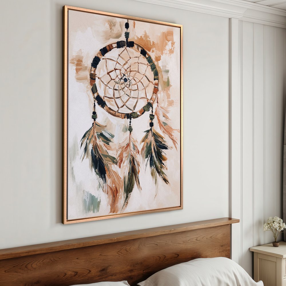 Framed Wall Art: Dreamcatcher painting in neutral tones. Boho style canvas print adds warmth and style to any bedroom.