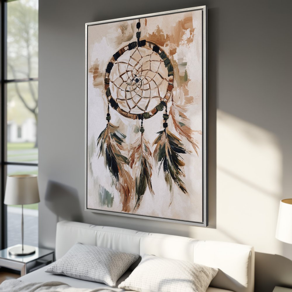 Framed Wall Art: Dreamcatcher painting in neutral tones. Modern abstract canvas print with brown, green, and cream color palette. Perfect boho decor.