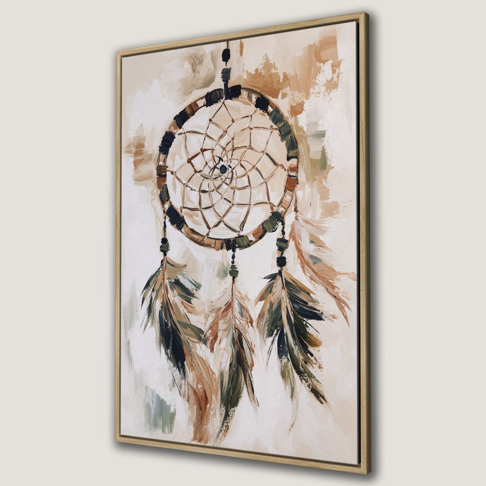 Framed Wall Art: Dreamcatcher canvas print in earthy tones. Boho style art for your home decor. Neutral color palette.