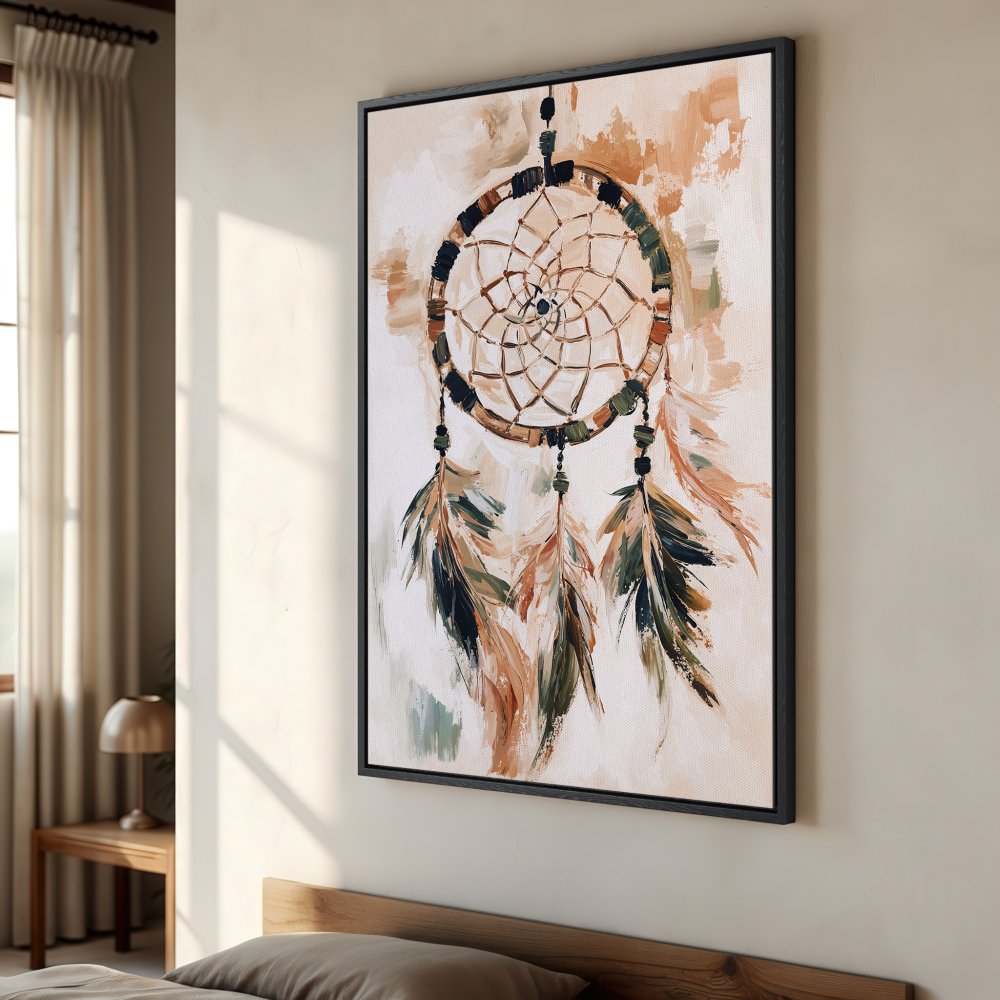 Framed Wall Art: Dreamcatcher painting in warm earth tones. Boho style canvas print for bedroom decor. Add a touch of serenity to your space!
