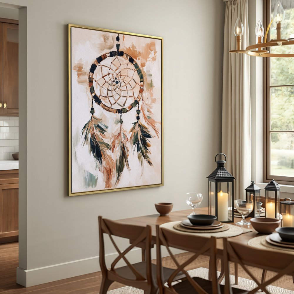 Canvas Print of a dreamcatcher in a boho style, featuring a warm earth-tone color palette, perfect for adding a touch of serenity.