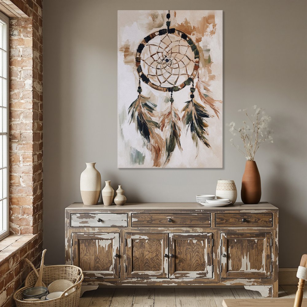 Framed Wall Art: Dreamcatcher painting in warm earth tones. Boho style canvas print perfect for dining room decor.