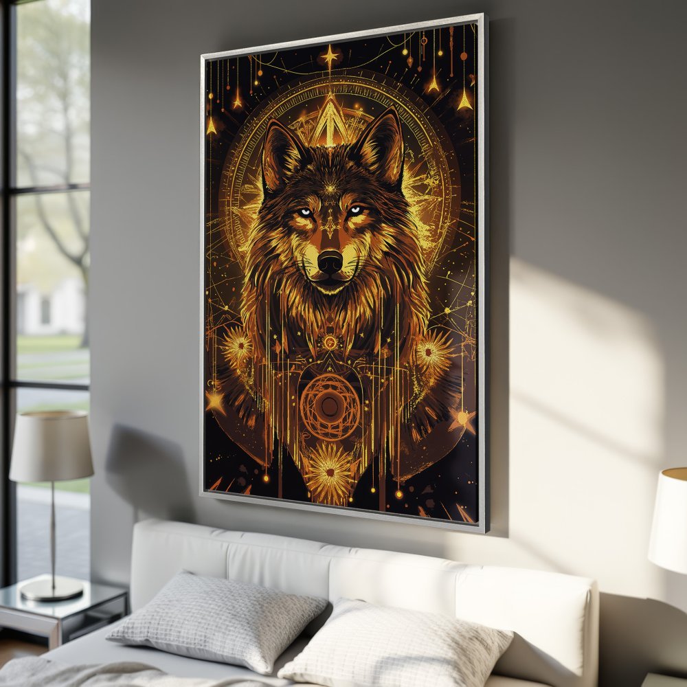 Framed Wall Art: Majestic wolf portrait in a gold and black color palette, perfect for adding a touch of mystical art to your home decor.