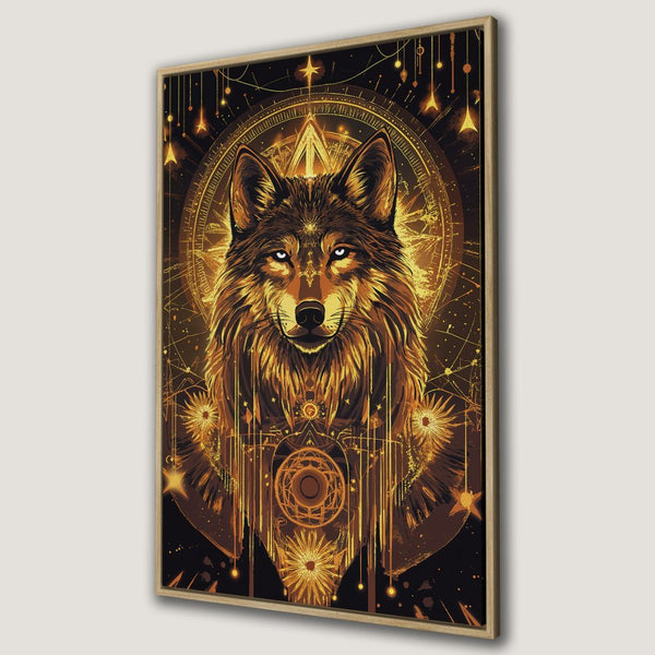 Framed Wall Art: Majestic wolf portrait in gold and brown tones. Mystical art style. Perfect for adding a touch of magic to your home.