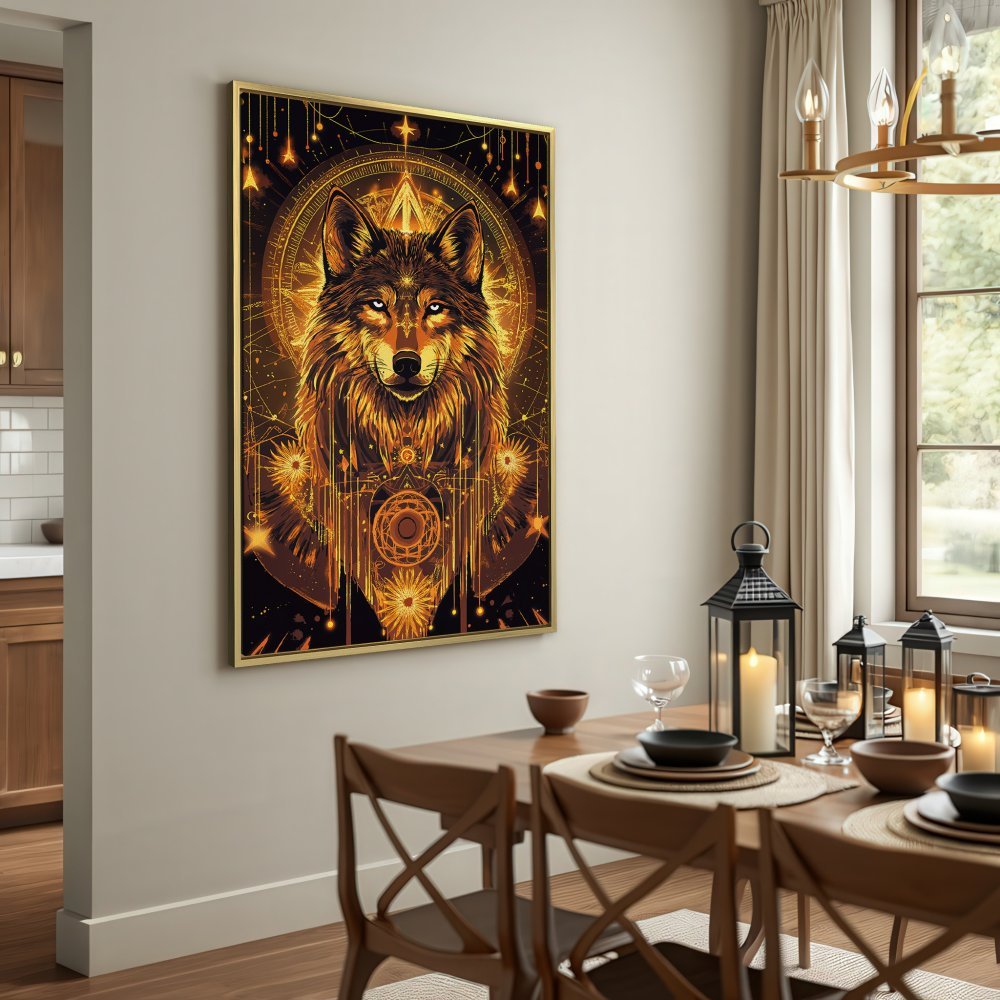 Canvas Print featuring a majestic wolf in a mystical, golden style. Stunning wall art with a warm, earthy color palette.