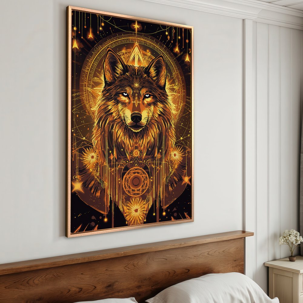 Framed Wall Art: Mystical wolf portrait in warm gold and brown tones. Stunning canvas print for a captivating home decor statement.