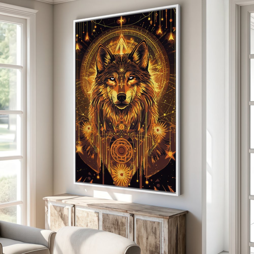 Framed Wall Art: Majestic wolf art print in gold and black. Modern, spiritual artwork for your home. Shop now!