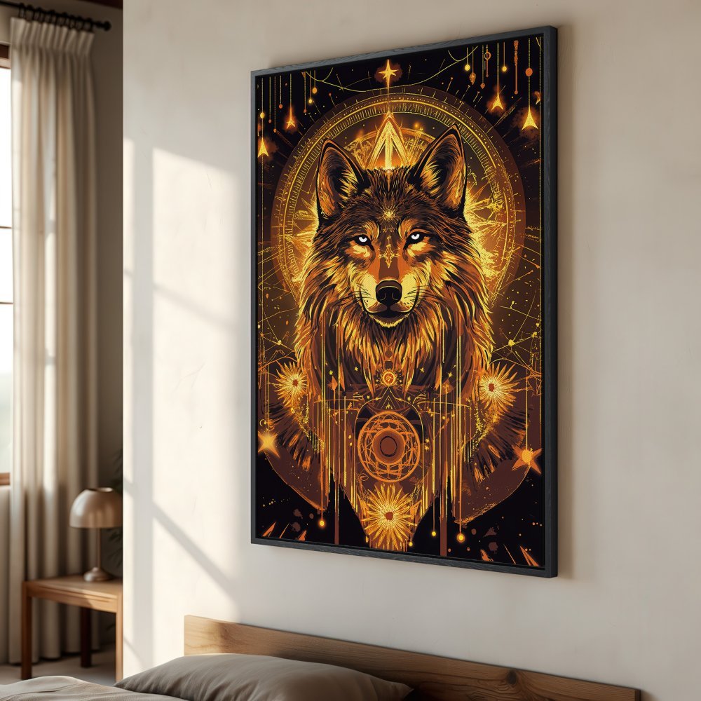 Framed Wall Art featuring a majestic wolf in a mystical, geometric style with a warm gold and brown color palette. Perfect for adding a touch of magic!